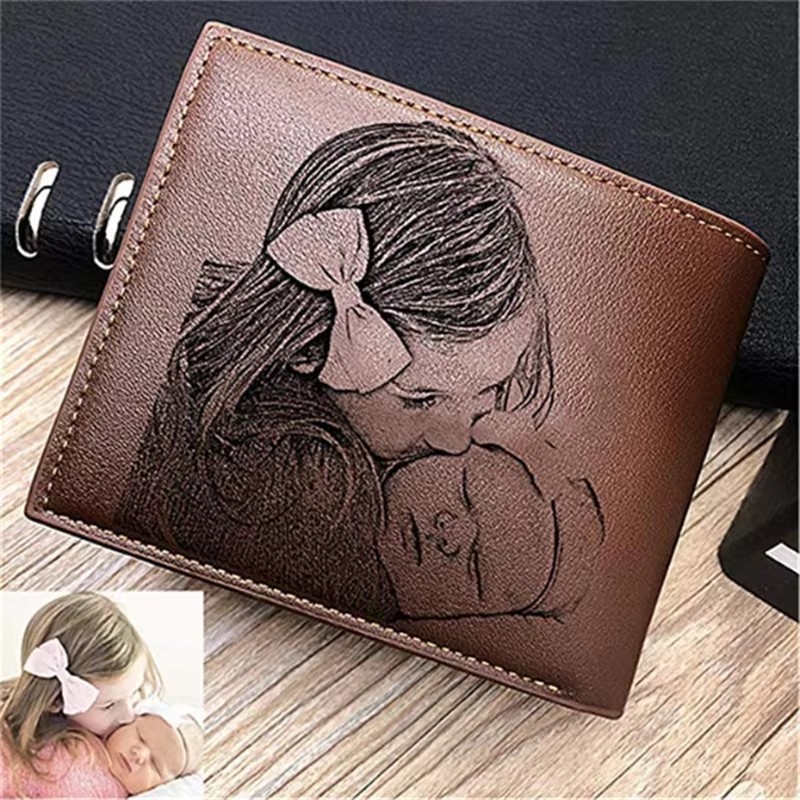 Bifold Leather Wallet - 2025 Engraved Photo Short Purse Custom